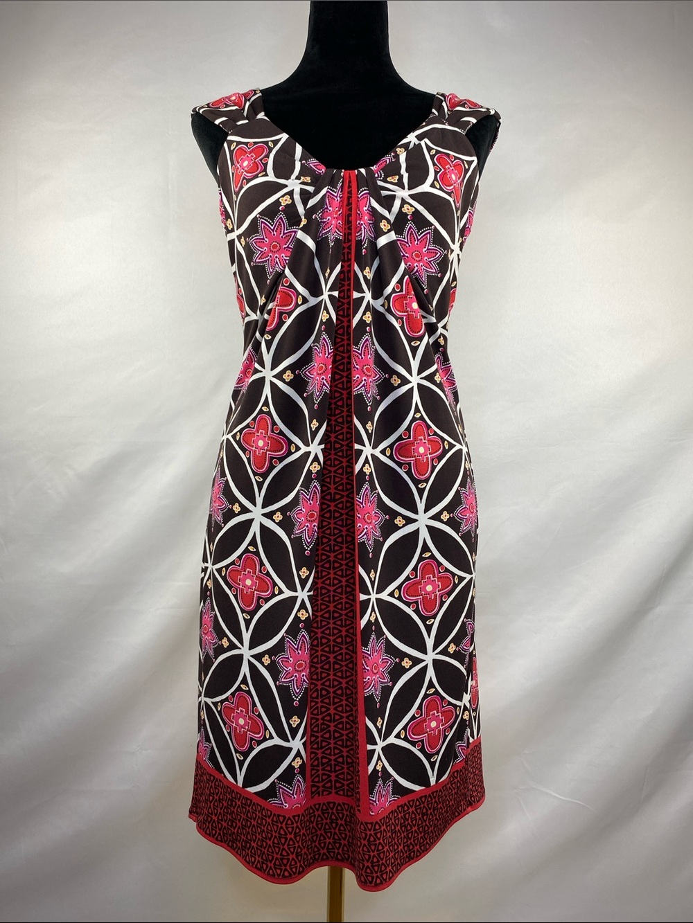 Vintage Y2K London Times Brown Pink Floral Geometric Pleated Dress Size 10